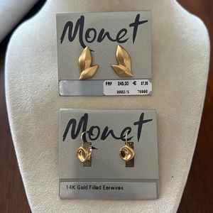 Monet Pierced Earrings Gold Tone New Old Stock Original Cards
